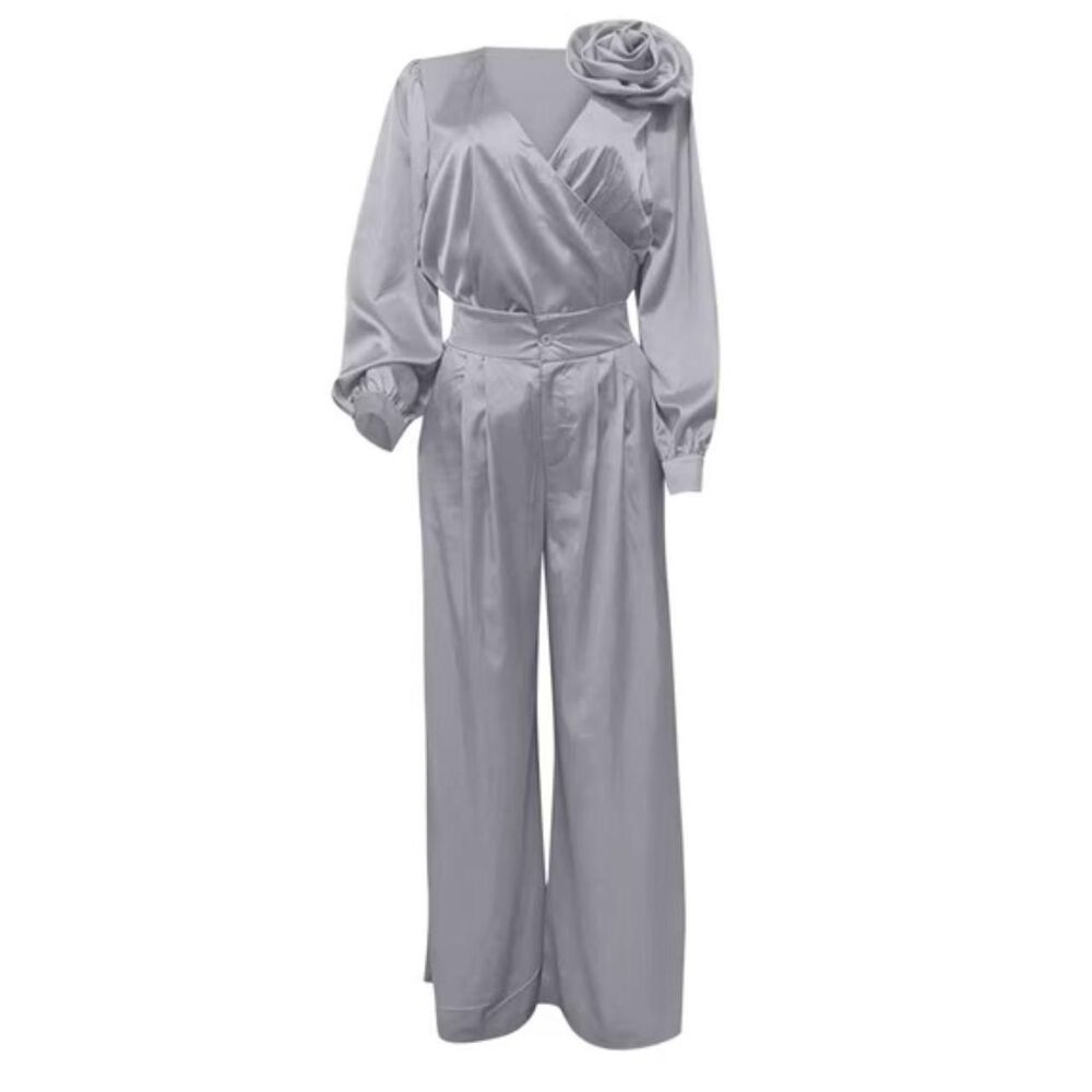 New Two-piece Elegant Silver Grey Satin Matching Pants and Blouse Set XL Scacto